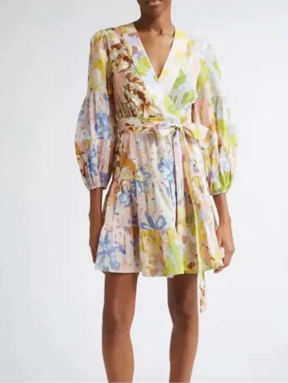 Zimmerman Floral Wrap Mini Dress in Pastel Multi - US 8 AU 2